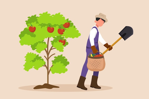 Happy farmer harvesting apple fruits in the garden Harvesting apple fruits Agriculture concept Colored flat graphic vector illustration