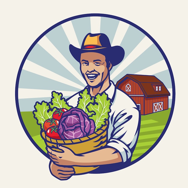 Happy farmer with a basket full of vegetables