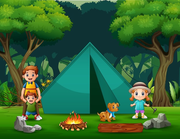 Happy father and children camping in the forest illustration