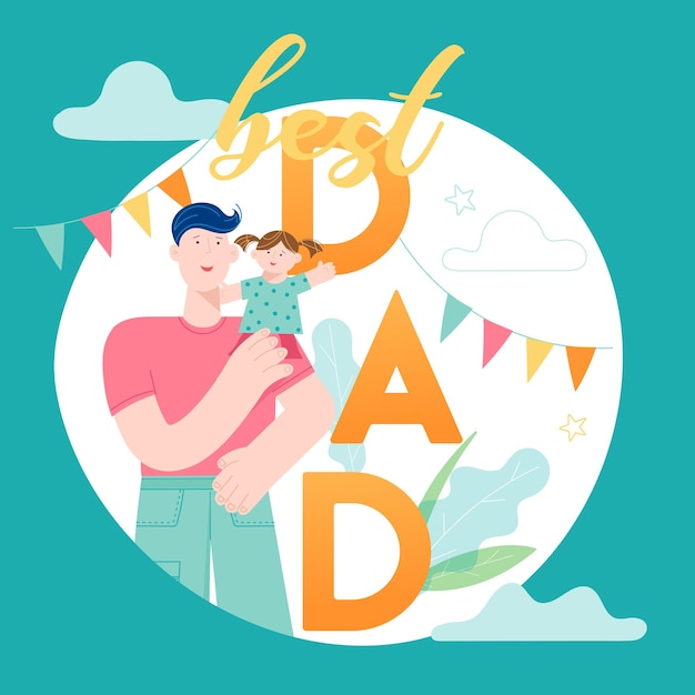 Happy Father Day concept card with Smiling Dad Character holding Child. Vector modern trendy illustration for cover, holiday banner, sale background