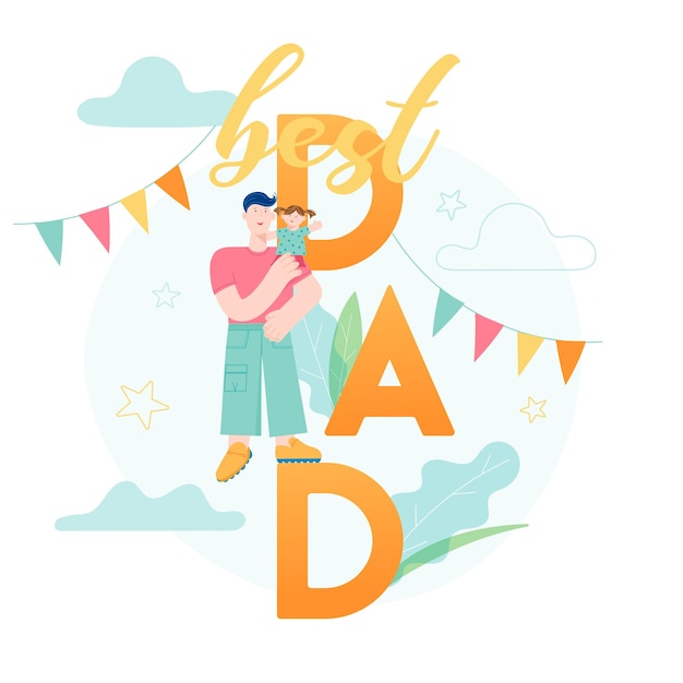 Happy Father Day concept card with Smiling Dad Character holding Child. Vector modern trendy illustration