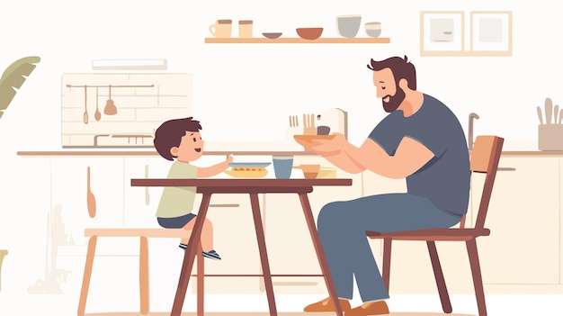 Vector happy father feeding adorable baby boy at dining table