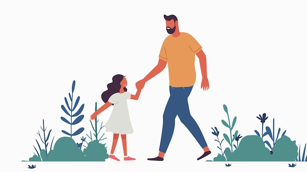 Vector happy father holding daughters hands in flat style