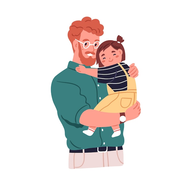 Happy father hugging, holding in hands little daughter. Girl child embracing dad. Cute smiling nice kid and joyful daddy parent portrait. Flat vector illustration isolated on white background