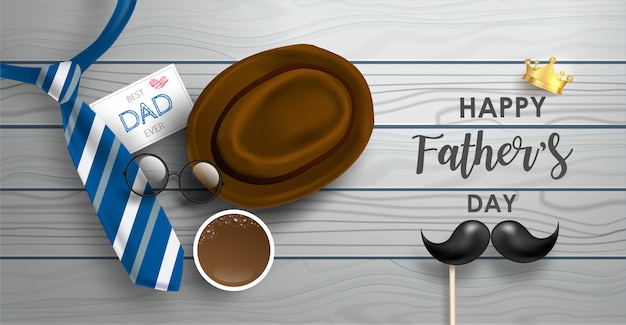 Happy Father's Day banner with tie, mustache, circle glasses and elements.