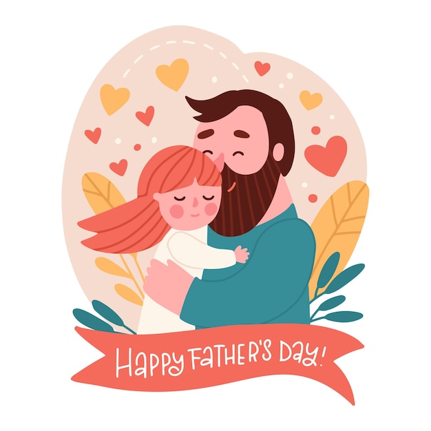 Happy father s day card template cute little girl hugs her bearded father vector flat illustration w