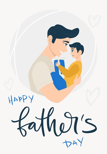 Happy Father's Day! Cartoon illustration with dad and son. Cute holidays poster, postcard or banner. The child is in the arms of the father. The son gives dad a gift.