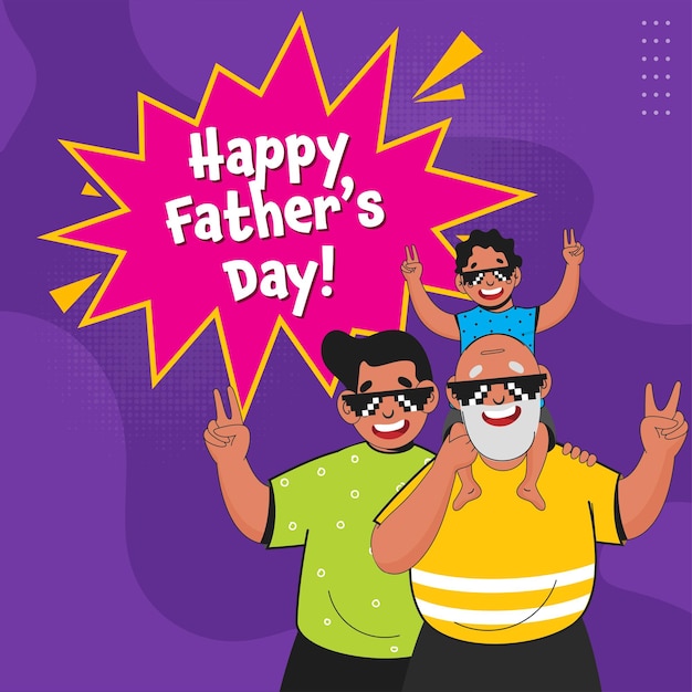 Happy Father's Day Concept With Two Generations Of Dad And Son Giving Peace Sign On Purple Background