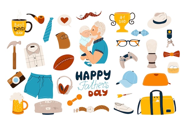 Happy Father's day cute icons and design elements set dad with baby son male clothes accessories