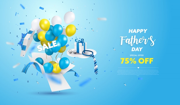 Happy Father's Day Sale banner or Promotion on blue background. Surprise box open with yellow, white and blue ballon.