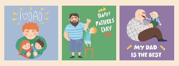 Happy Father's Day! A set of three illustrations in a simple hand-drawn style. Family, the concept of love and care of fathers in relation to their children.