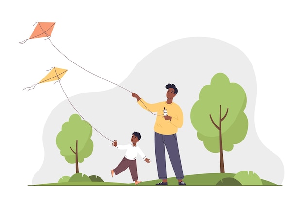 Happy father and son flying a kite Family weekend Outdoor activity Flat vector illustration