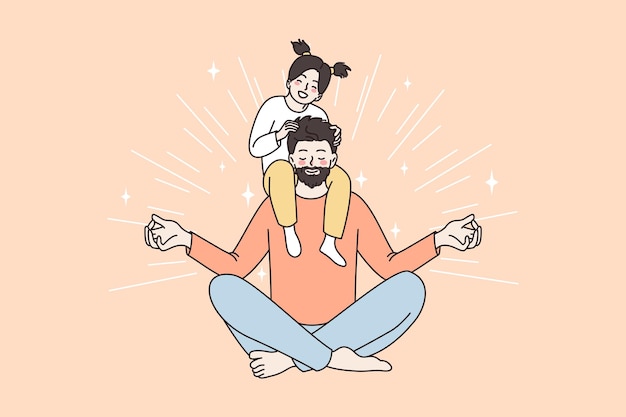 Happy fatherhood and childhood concept Young smiling father sitting meditating and holding hid little happy daughter on his shoulders vector illustration