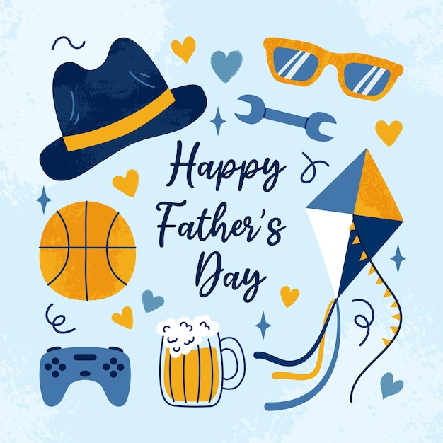 Vector happy fathers day card with hand drawn textured male stuff and text on blue backdrop in flat style