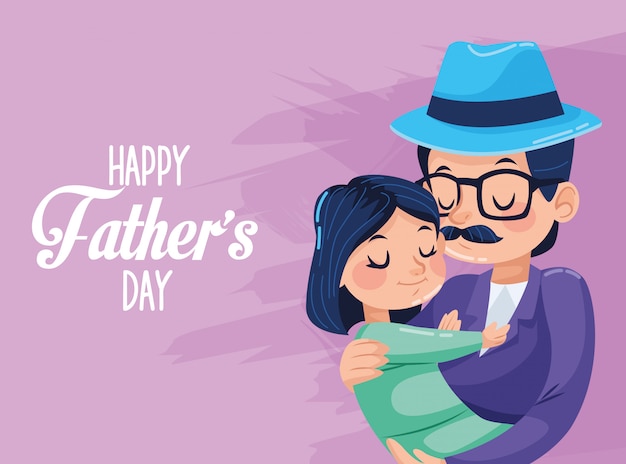 Happy fathers day card with hipster dad carring daughter