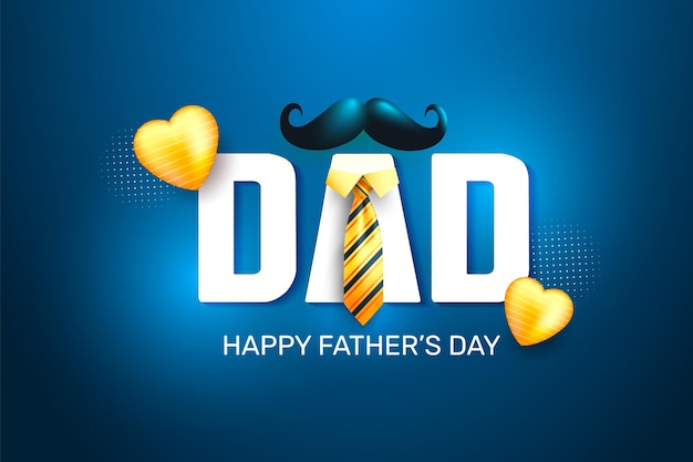 Happy fathers day celebration Greetings card with 3d heart tie and mustache on blue background