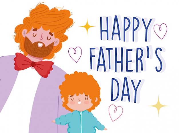 Happy fathers day, dad and son with curly hair cartoon celebration