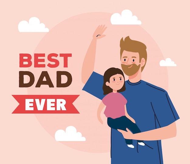 Vector happy fathers day greeting card and dad carrying daughter