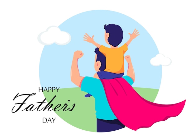 Happy Fathers day greeting card with dad in superhero costume and his son