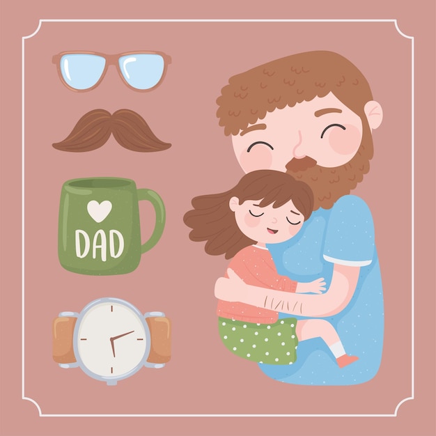 Happy fathers day greeting card with father hugging her daughter