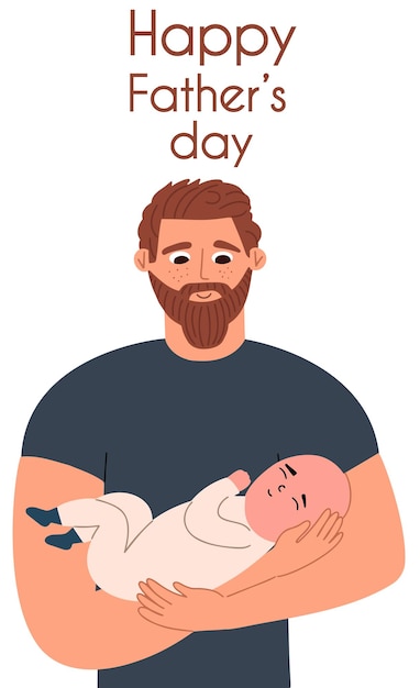 Vector happy fathers day poster dad holding baby in his arms and smiling