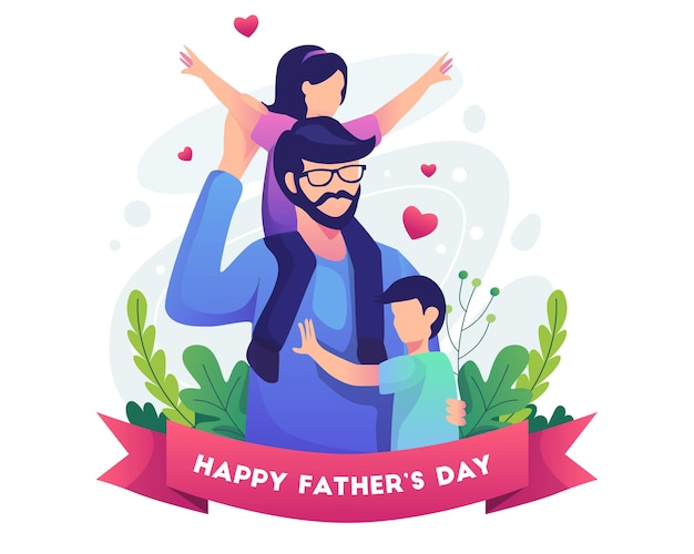 Happy fathers day with Father with his two children illustration