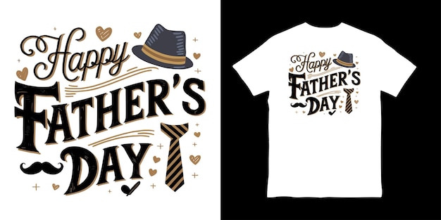 Happy Fathers Day with Hat sunglass tie mustache heart shapes scattered around Tshirt design