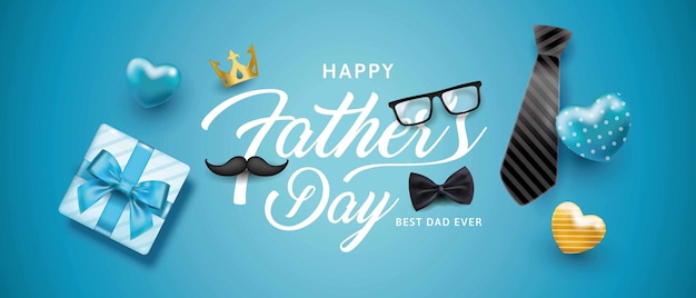 Happy fathers day with love balloon gift tie and beard on the left of the writing Premium Vector