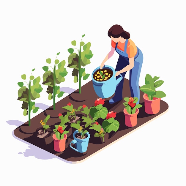 Vector happy female cartoon character watering berry vegetable garden