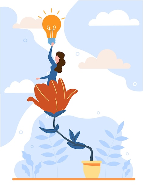 Vector happy female character is sitting on the flower and holding lightbulb smiling girl cares about