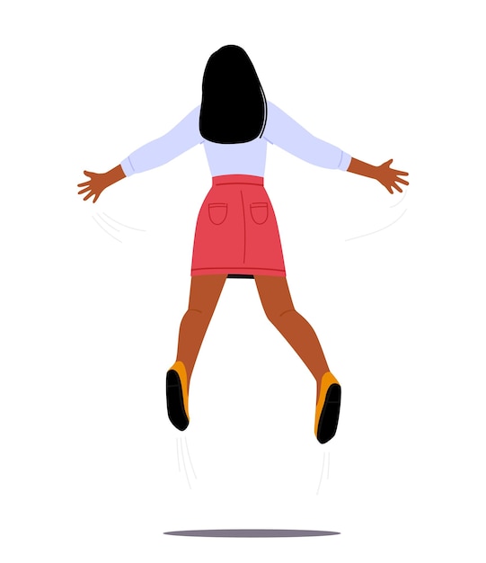 Happy Female Character Jump With Outspread Hands Rear View Woman Celebrate Success Cheerful Girl Feel Freedom