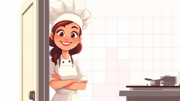 Happy Female Chef Leaning on Door Portrait