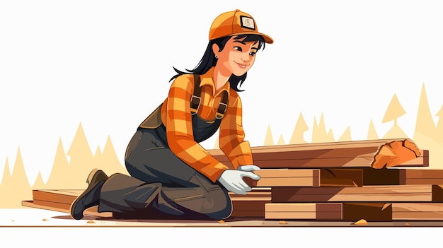 Happy Female Construction Worker Organizing Wooden Planks at Lumberyard