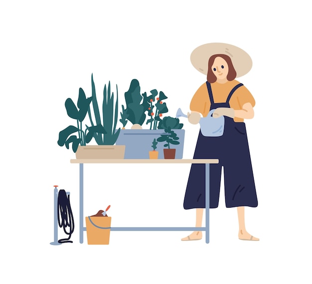 Happy female in hat enjoying home gardening hobby vector flat illustration. Funny plant lady with watering can taking care of houseplants isolated on white. Botanical woman cultivate plants in pot.