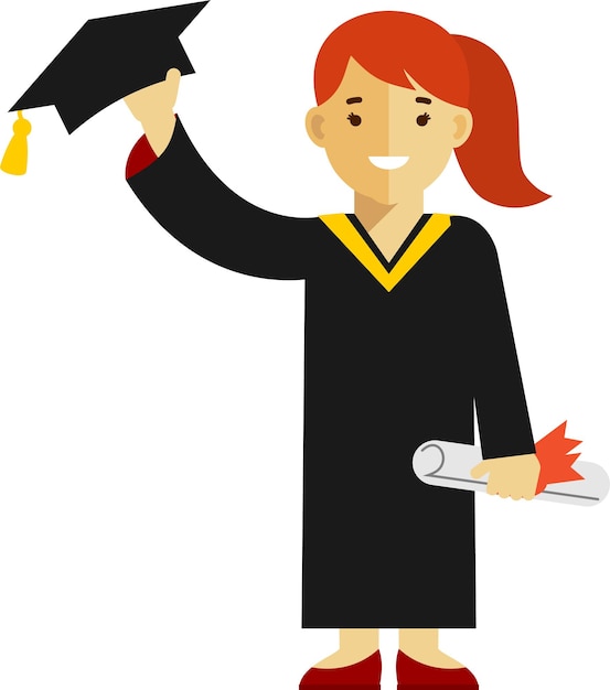 Vector happy female student graduate with diploma waving