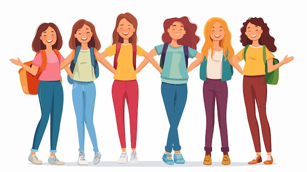 Vector happy female students group portrait standing together on white background