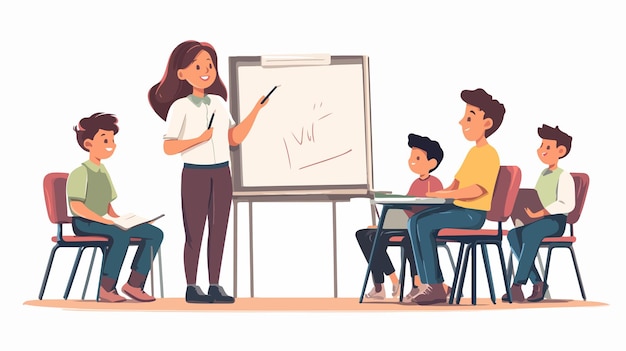 Vector happy female teacher writing on whiteboard during lesson