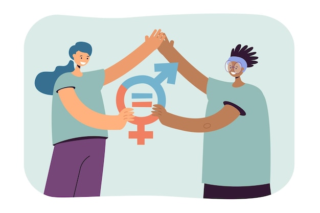 Happy feminists holding gender equality symbol together. Couple or friends supporting women rights flat vector illustration. Gender equality, feminism concept for banner, website design, landing page