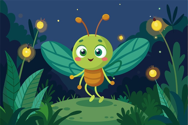 A happy firefly jumps joyfully among illuminating fireflies in a vibrant green forest Fireflies Customizable Cartoon Illustration