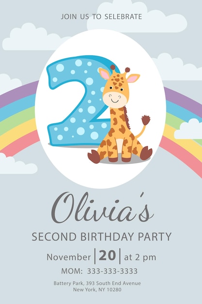 Vector happy first birthday with giraffe baby girl invitation card vector