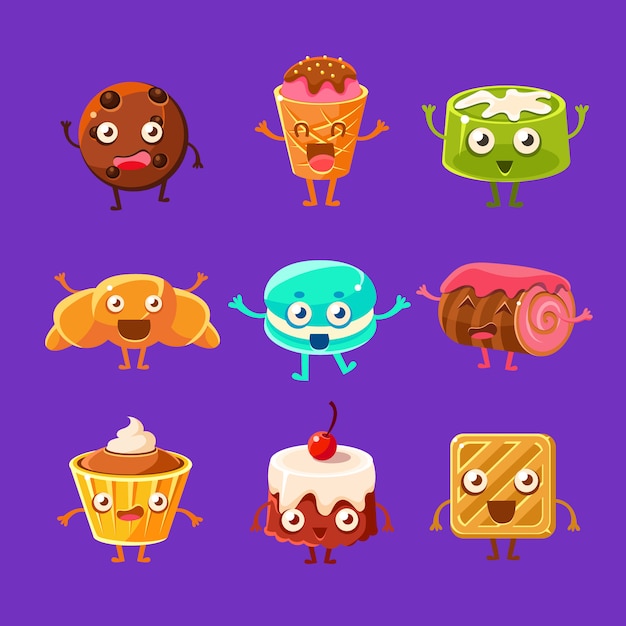 Happy Food Sweets And Sweet Pastry Cartoon Characters With Faces, Hands  Legs