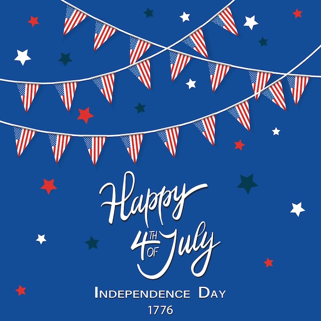 Happy Fourth of July greeting card with United States national flag on a blue background