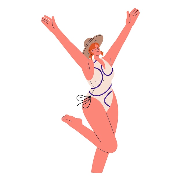 Happy free girl in swimsuit jumping with hands up Active smiling young woman enjoying summer holidays beach vacation Cheerful energetic female Flat vector illustration isolated on white background