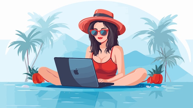 Happy Freelancer Enjoying Summer Day Woman in Stylish Hat Outdoors