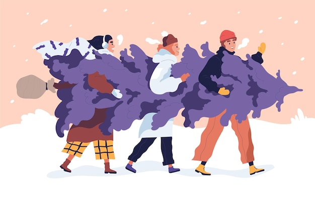 Vector happy friends carrying christmas tree on the snowy street. young man and women holding fir together. people dressed in winter clothes preparing for new year. vector illustration in flat cartoon style.