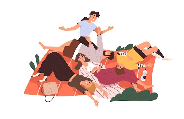 Vector happy friends relaxing on picnic blanket together young people resting having fun outdoors at leisure time on summer holidays weekend flat vector illustration isolated on white background