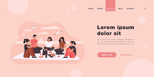 Happy friends sitting on beach, eating and drinking wine landing page in flat style