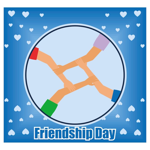 Happy Friendship Day banner friends hold hands together in circle International diverse group support flat vector modern illustration