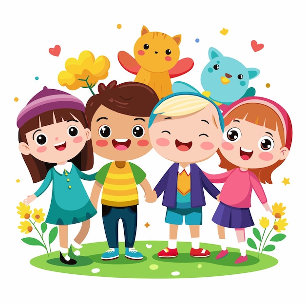 Happy Friendship Day Cute Cartoon Characters Vector Illustration