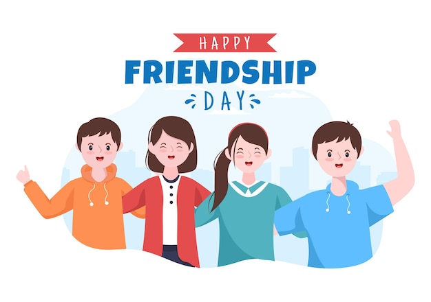 Happy Friendship Day Cute Cartoon Illustration with Young Boys and Girls